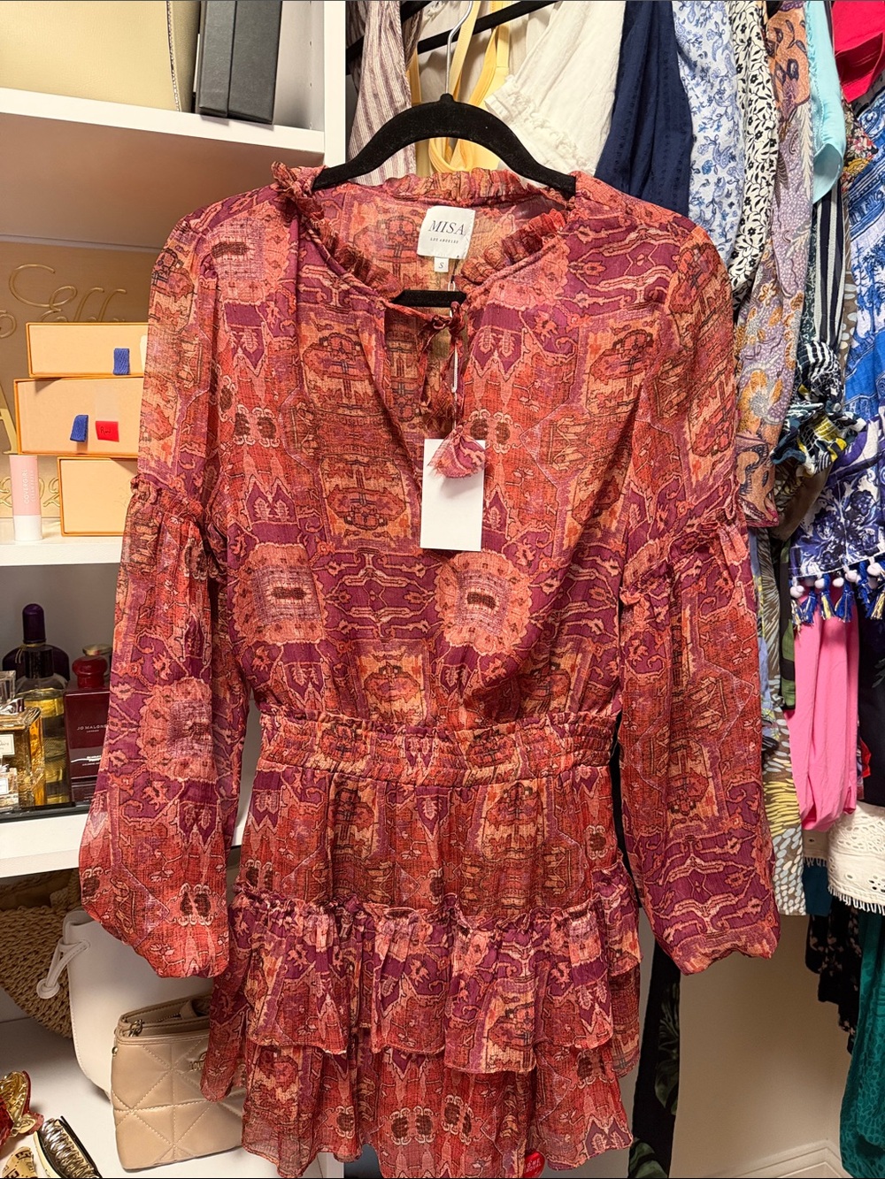 Misa Los Angeles Red-Pink Printed Long-Sleeve Tiered Dress